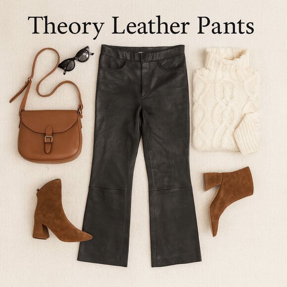 Theory Lamb Leather Bristol Crop Pant L Black Flare Trousers Size 00 - Picture 1 of 10